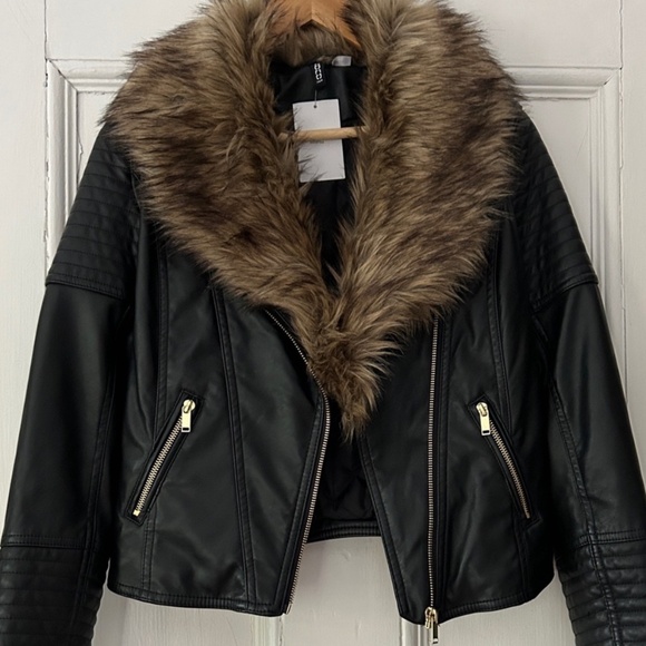 H&M Vegan Black Moto Jacket w removable Faux Fur Collar - Picture 1 of 2